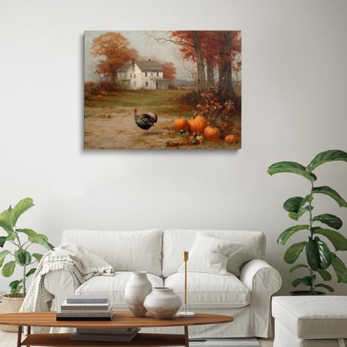 Autumn Farmhouse Wall Art with Turkey and Pumpkins – Vintage Thanksgiving Landscape Poster,Rustic Fall Harvest Canvas Print for Dining Room Decor 24x36in Large Frame wall art - Image 4