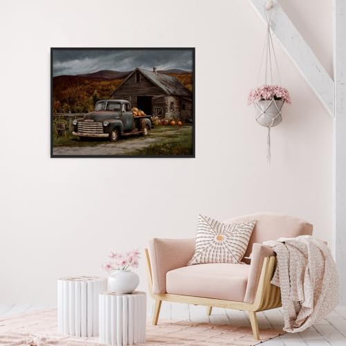Vintage Truck with Pumpkins Wall Art – Rustic Fall Barn Landscape Canvas,Country Farmhouse Poster for Thanksgiving Entryway or Autumn Living Room Decor 16x20in Black aluminum frame - Image 5