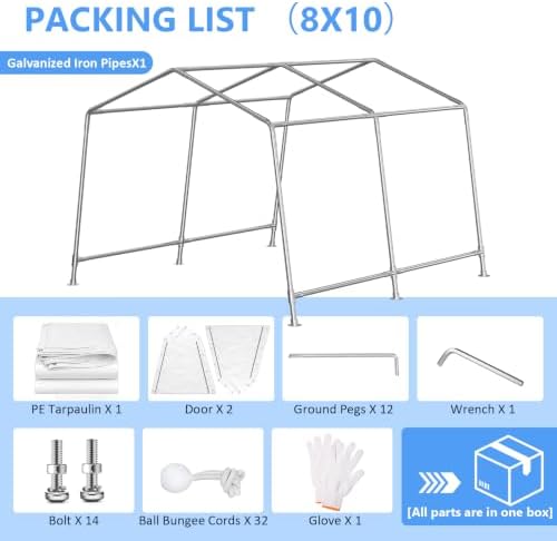 Jocoevol 8x10 FT Enclosed Carport with Roll-up Windows, Removable Sidewalls & Doors and Wind Ropes for Bike Motorcycle, White - Image 7