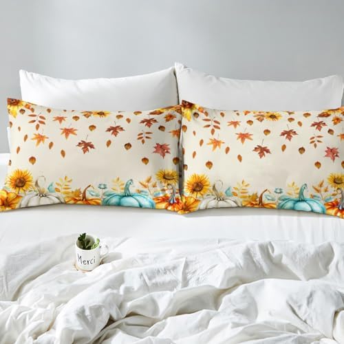 Erosebridal Fall Pumpkin Bedding Set for Home Full Thanksgiving Harvest Season Fruit Decor Bed Sheets Fall Maple Leaf Sheet Set Rustic Farm Sunflower Fitted Sheet Autumn Flat Sheet + 2 Pillow Cases - Image 5
