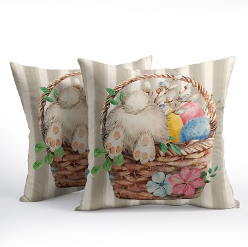 Easter Pillow Covers 18x18 Set of 2 Spring Throw Pillow Covers Rustic Cute Bunny Gray Pillowcase Linen Decoration Farmhouse Soft Decorative Eggs Cushion Case Couch for Indoor Outdoor Home Decor - Image 2