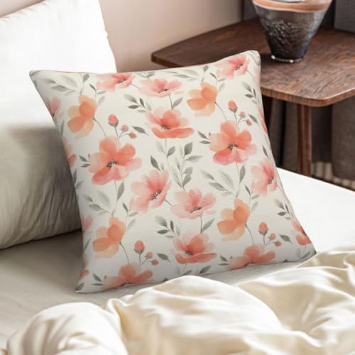 KiuLoam Spring Peach Floral Pillow Covers 18x18 Inch Set of 2, Coral Pink Watercolor Flower Rustic Decorative Throw Pillows, Farmhouse Outdoor Square Cushion Cases for Sofa Couch Bed Home Decor - Image 6