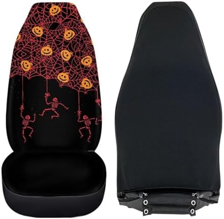 Red Spider Web Skeleton Black Halloween Print Car Seat Cover Colorful Cute Print Front Seat Covers 2 pcs, Vehicle Seat Protector Car Mat Covers, Fit Most Vehicle, Cars, Sedan, Truck, SUV, Van