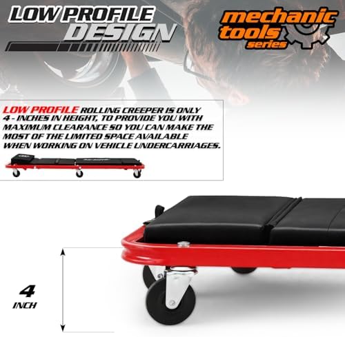 M-AUTO Heavy-Duty Convertible Mechanic Creeper, Z-Creeper 2-in-1 Creeper and Seat 48" Padded Adjustable Headrest Roller Garage Chair with 7 Swivel Casters for Washing, Detailing, Maintenance, Red - Image 6
