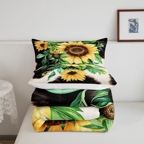 Erosebridal Sunflower Decor Bedding Comforter Sets Cowhide Bedding Full Size Cow Print Comforter Set for Toddler, Sunflower Gifts for Women Bedding Farmhouse Fall Decor Down Comforter for Youth Teens - Image 5