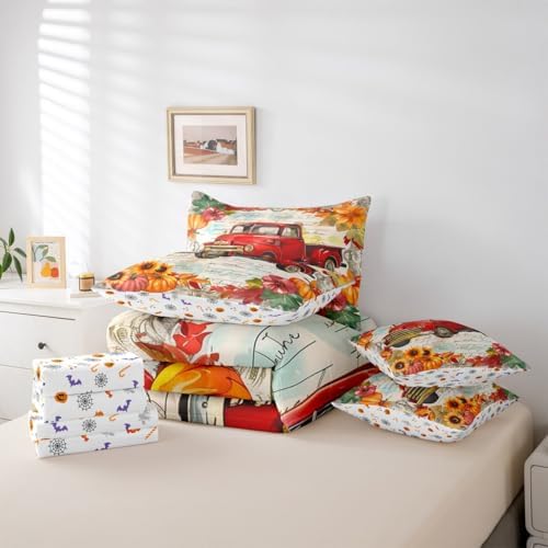 Erosebridal Red Farm Truck Car Bed in a Bag 7 Piece,Thanksgiving Pumpkin Fall Leaves Bedding Sets Autumn Harvest Farmhouse Twin Size Sheet Sets with Comforter,Flat Sheet,Fitted Sheet,Pillowcases - Image 5