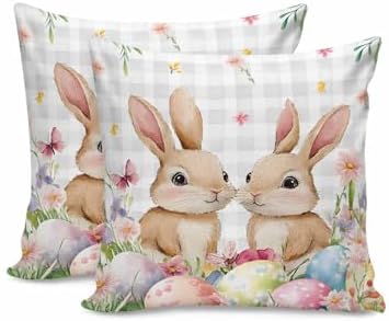 JasmineM Easter Cute Bunny Pillow Covers 16x16 inch Set of 2, Colored Egg Grey Plaid Decorations Outdoor Throw Pillow Covers, Cotton Linen Square Pillowcases for Sofa Couch Bedroom Patio Decorative by JasmineM