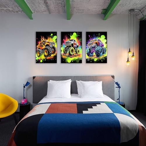Monster Truck Canvas Wall Art Cool Watercolor Car Poster for Boys Room Modern Graffiti Truck Pictures Wall Decor Pop Vehicles Artwork Nursery Toddler Bathroom Bedroom Home Decoration 24x36" 3P - Image 3