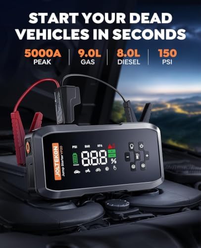 Car Battery Jump Starter with Air Compressor, 5000A Powerful Battery Jumper Starter Portable with 150PSI Auto-Pause Pump, 12V Jump Box for Car Battery with 10-Safety Protection(9L Gas/8L Diesel) - Image 2