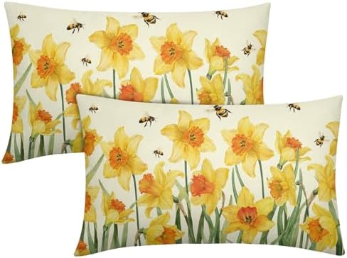 Spring Pillow Covers 12x20 Set of 2 Yellow Floral Throw Pillow Covers Rustic Flower Pillowcase Linen Decoration Farmhouse Soft Decorative Bee Summer Cushion Case Couch for Indoor Outdoor Home Decor by Unknown