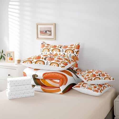 Erosebridal Kids Cartoon Pumpkin Twin Comforter Set 7 Piece Size,Boho Rainbow Bedding Set with Sheet Set for Boys Girls,Fall Maple Leaves Bed in A Bag Autumn Thanksgiving Day Bed Set - Image 6