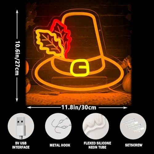 Thanksgiving Hat Neon Sign Thanksgiving LED Neon Light Decoration Glowing Sign USB Powered Wall Hanging Decoration for Fall Neon Sign, carnival, indoor Thanksgiving decoration. - Image 3