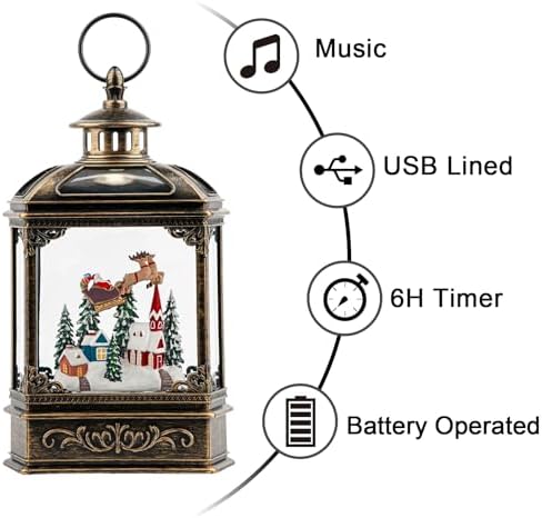 Christmas Snow Globe Swirling Glittering Lantern Santa Flying with Reindeer, USB Lined/Battery Operated Lighted Water Lantern for Christmas Festival Decoration Gifts - Image 5