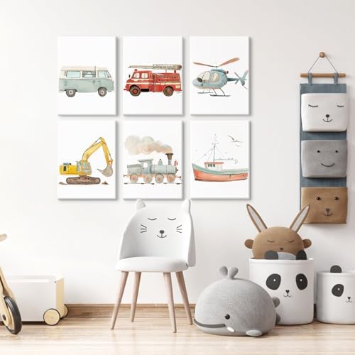Car Wall Art Boys Room Canvas Wall Decor Nursery Prints Transportation Vehicle Wall Art Kids Toddler Posters Construction Truck Pictures Boy Nursery Artwork for Bedroom Playroom 8x10x6 Inch Framed - Image 4
