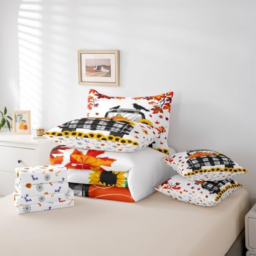 Black White Farm Car Twin Comforter Set 7 Pieces Reversible Comforters Twin Size Bed Set Bed in a Bag with Comforter,Thanksgiving Pumpkin Sunflower Sheets,Crow Maple Tree Fall Leaves Bedding Sets - Image 5