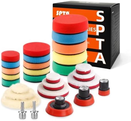 SPTA 29 Pcs Mini Car Polishing Pad Kit - 1", 2", 3" Sponge Foam Wool Microfiber Buffing Pads with 5/8"-11 Backing Plates & 5/8"-11 Drill Adapters for Auto Detailer, Scratch Removal & Tight Spaces by SPTA