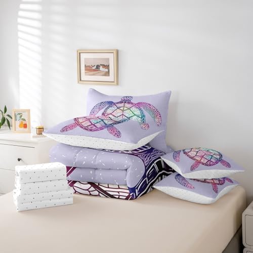 Sea Turtle Twin Comforter Set - 7 Pieces Bed in a Bag Tropical Ocean Sealife Twin Bedding Comforter Sets,Abstract Tortoise Coastal Comforter with Fitted Sheets,Flat Sheets,Pillowcases & Shams - Image 6