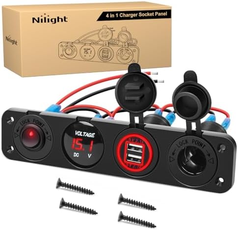 Nilight 4 in 1 ON/Off Charger Socket Panel Dual USB Power Outlet LED Voltmeter Cigarette Lighter Socket Lighted ON Off Rocker Toggle Switch for Truck Car Marine Boats RV,2 Years Warranty