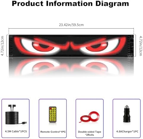 Devil Eyes Light for Cars (1-Pack) – 23.4''x4.7'' LED Eyes for Car Windshield, Super Bright, Perfect Sync, Programmable Patterns, Remote+APP Control, Custom Dynamic Sign for Golf Carts/Sedans/SUVs