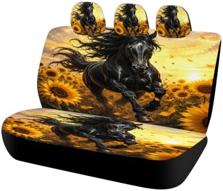 Horse Pattern Car Seat Covers, Trendy Universal Car Seat Protector Full Set, Automotive Seat Covers for Front Seats Rear Seat Back Seat Gift (Horse Sunflower Field Sunset, Full Set)