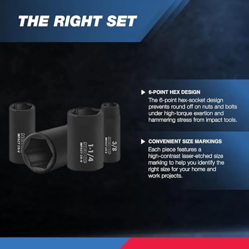 Neiko 02476A 1/2" Impact Socket Set, 14 Piece 6 Point Impact Set, Standard Impact Socket Set, SAE Sizes (3/8-Inch to 1-1/4") Cr-V Steel, Deep Socket Set 1/2 Drive, - Image 3