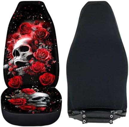 Bulopur Halloween Auto Seat Covers Front Seats Gothic Skull and Red Rose Car Seat Covers Set Car Accessories Interior Highback Bucket Covers for Most Cars