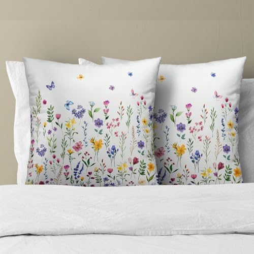 Spring Floral Throw Pillow Covers 24X24 Inches Set of 2 Watercolor Yellow Pink Purple Flowers Leaf Print Butterflies Pillowcase Soft Cotton Square Seasonal Cushion Covers for Living Room Sofa Decor - Image 3