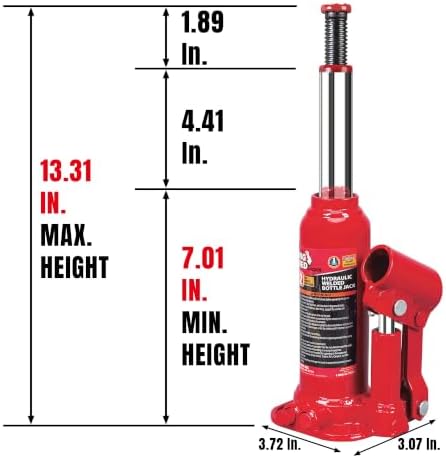 BIG RED T90203B Torin Hydraulic Welded Bottle Jack, 2 Ton (4,000 lb) Capacity, Red - Image 2