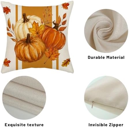 Fall Orange White Pumpkin Pillow Covers 18x18 Set of 2 Stripes - Image 7