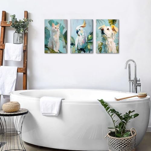 Funny Animal Wall Art Watercolor Green Leaves Pictures Prints Boho Cute Cat Dog Parrot Plant Paintings Posters Kids Bedroom Decor Rustic Botanical Modern Nursery Artwork for Home Decoration 16x24" 3P - Image 3