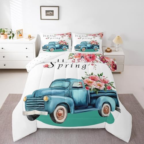 Spring Floral Truck Comforter Set King Size Kids Girls Boys Cartoon Watercolor Garden Plants Bedding Set 3pcs Cartoon Car Quilt Set Home Decor White Microfiber Duvet Insert,2 Pillowcases - Image 4