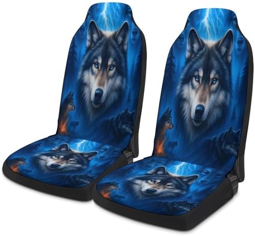 Moonlit Wolf Pattern Car Seat Covers, Trendy Universal Car Seat Protector Full Set, Automotive Seat Covers for Front Seats Rear Seat Back Seat Gift (Wolf Spirit Night, Full Set)