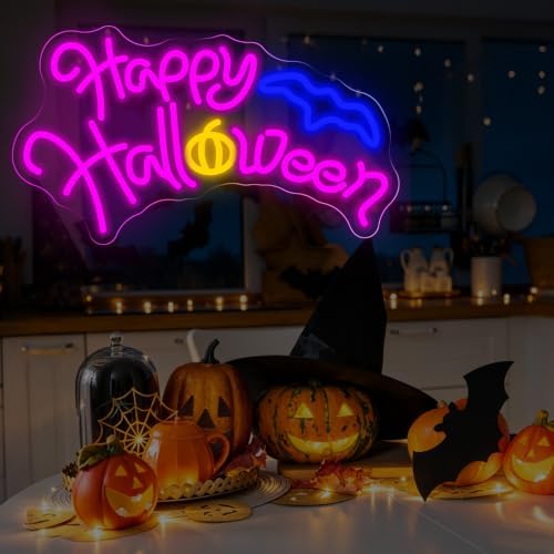 Happy Halloween Neon Sign, Bat Pumpkin Halloween LED Light, 16.7"x9.4" - Image 6