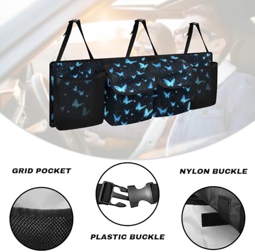 Blue Butterfly Print Car Trunk Organizer with 4 Pockets Hanging Car Backseat Storage Bag Detachable Car Storage Accessories for SUV Sedans Hatchback Crossover Minivan
