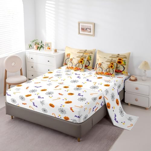 Sunflower Bike Bicycle Comforter Set Full Size with Sheets -7 Pieces Bed in a Bag Thanksgiving Pumpkin Bedding Sets,Farmhouse Fall Leaves Autumn Harvest Bed Set with Comforter,Sheets,Pillowcases - Image 4
