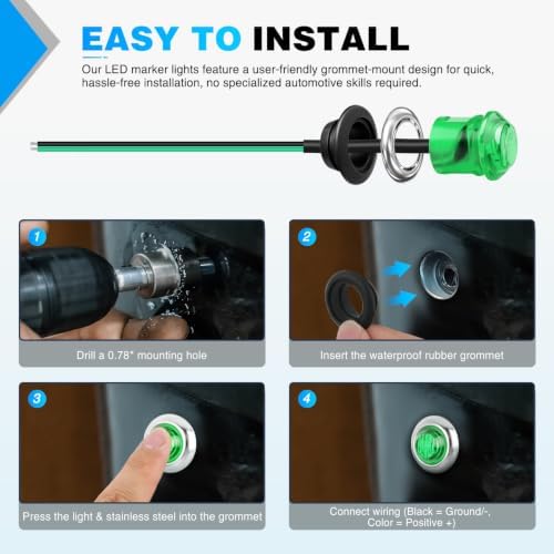 Nilight 3/4" Round Marker Lights 10PCS Green Side Bullet Clearance Light