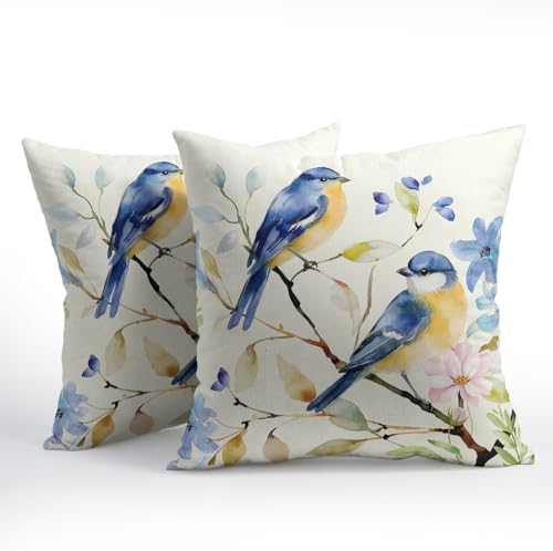 Spring Pillow Covers 24x24 Set of 2 Floral Throw Pillow Covers Rustic Blue Bird Pillowcase Linen Decoration Farmhouse Soft Decorative Summer Cushion Case Couch for Indoor Outdoor Home Decor - Image 2