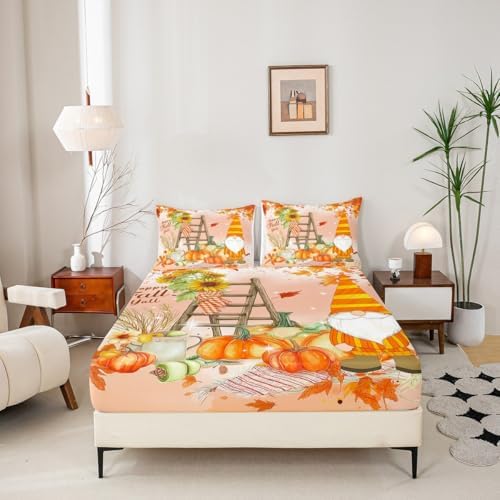 Fall Gnomes Bed Sheets Twin Fall Thanksgiving Pumpkin Bedding Set For Girls Teen Women Rustic Farm Autumn Harvest Sheet Set Sunflower Maple Leaf Fitted Sheet Red Orange Flat Sheet + 1 Pillow Case - Image 4