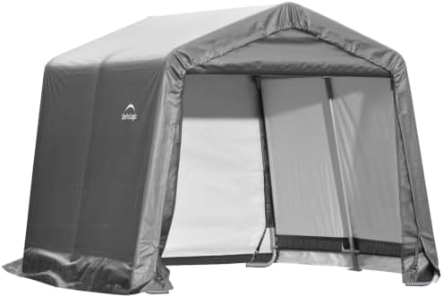 ShelterLogic 10' x 10' Shed-in-a-Box All Season Steel Metal Peak Roof Outdoor Storage Shed with Waterproof Cover and Heavy Duty Reusable Auger Anchors, Grey by ShelterLogic