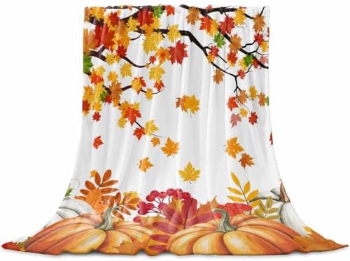 DecorLovee Orange Pumpkins Fall Blanket 50"x80", Reversible Thanksgiving Botanical Throw Blanket for Couch/Bed, Maple Leaf Lightweight Soft Throw Blankets for Adult, Warm Fuzzy Blankets for Winter by DecorLovee