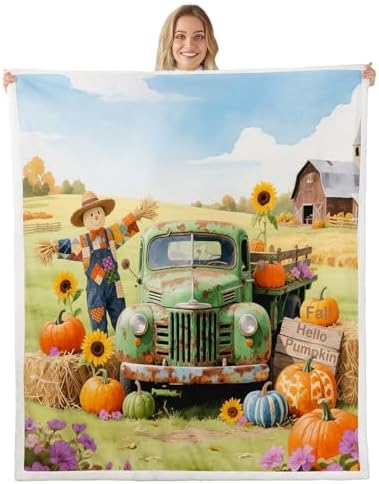 Fall Pumpkin Throw Blanket Harvest Truck Scarecrow Fleece Flannel Blankets Kids Boys Girls Room Decor Thanksgiving Sunflower Bed Blankets for Bed Sofa Couch Orange Green Plush Blanket Queen 90"x90" by CastleFairy