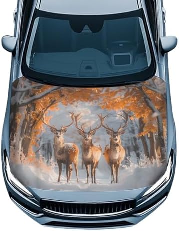 Fall Leaves Elk Car Hood Cover Stretchable Polyester,Engine Cover，Elastic Fabrics Can be Washed,Car Bonnet All-Season Protection