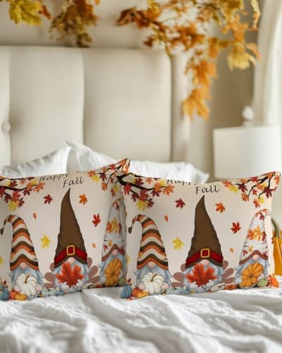 Fall Gnomes Pumpkin Pillow Covers 12x20 Inch Set of 2, Thanksgiving Decorations Indoor Outdoor Throw Pillow Covers, Maple Leaves Cotton Linen Pillowcases for Patio Sofa Couch Bedroom Decorative - Image 2