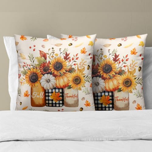 Autumn Sunflowers Vase Throw Pillow Covers 16X16 Inches Set of 2 Fall Thankful Pumpkin Maple Leaves Pillowcase Soft Cotton Square Cushion Covers for Home Sofa Patio Bedroom Decoration - Image 3
