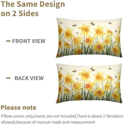 Spring Pillow Covers 12x20 Set of 2 Yellow Floral Throw Pillow Covers Rustic Flower Pillowcase Linen Decoration Farmhouse Soft Decorative Bee Summer Cushion Case Couch for Indoor Outdoor Home Decor - Image 6