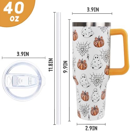 Halloween Tumbler with Handle 40 oz Pumpkin Ghost Spiderweb Coffee Travel Mug Stainless Steel Goth Insulated Cups Cute Halloween Decor Gifts - Image 4