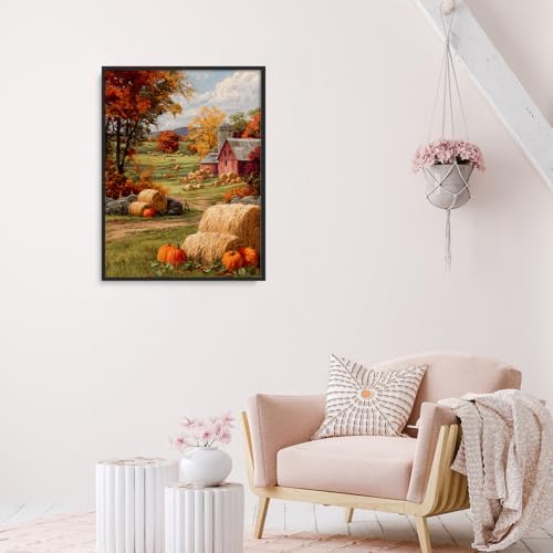 Autumn Farmhouse Wall Art – Rustic Red Barn Landscape with Pumpkins, Fall Harvest Canvas Print for Country Living Room or Seasonal Decor Display 16x20in Black aluminum frame - Image 5