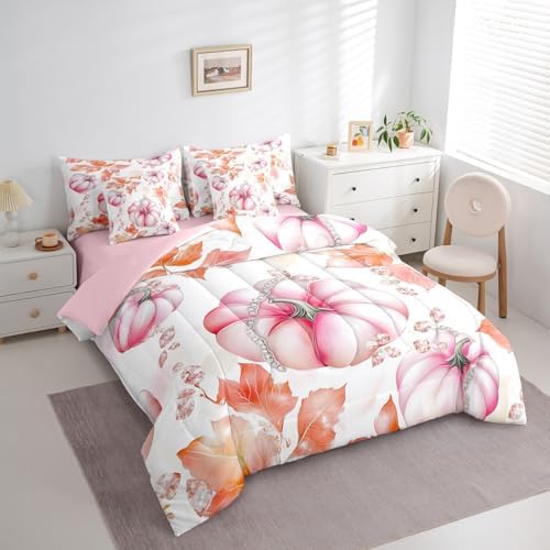 Erosebridal Girls Pink Fall Queen Comforter Set 7 Piece,Maple Leaves Pumpkin Kids Bed in A Bag with Sheets Glitter Diamond Autumn Bedding Set for Teen Girl Women,Thanksgiving Harvest Bed Set - Image 3