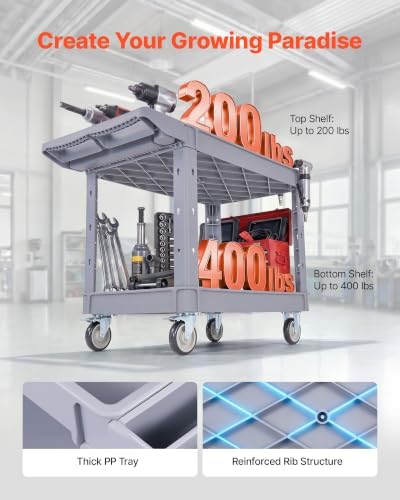VEVOR Utility Cart, 550 lbs Capacity, 2 Tier Service Cart with 360° Swivel & Fixed Wheels (2 with Brakes), Heavy Duty Plastic Rolling with Storage Tray, Tool Storage for Garage Warehouse Workshop Gray - Image 2