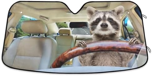 Funny Raccoon Driving Car Windshield Sun Shade Foldable UV Ray Sun Visor Protector Sunshade to Keep Your Vehicle Cool (53" x 23.5")